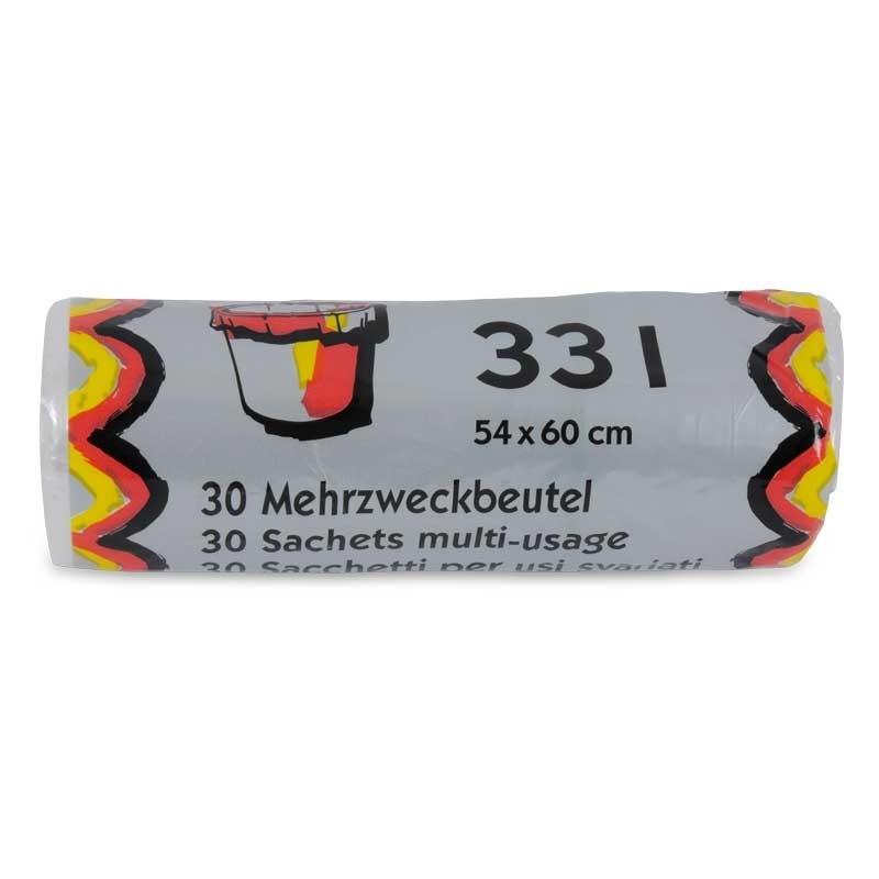 Mehrzweckbeutel 33 lt, transparent, 7 my, mit Verschlussbändel mint, Karton mit 30 Rollen