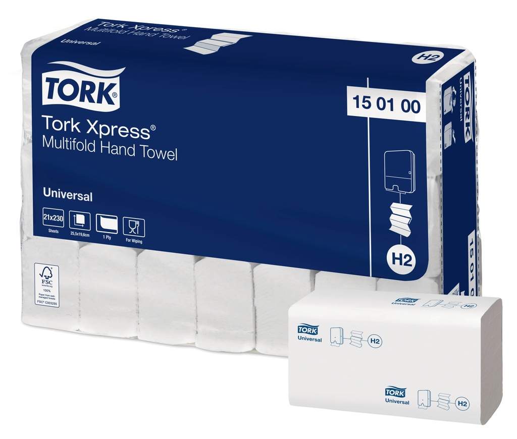 Tork Xpress® Multifold Handtücher, 150100, Universal, 21x23.4 cm, Weiß, 1lg., 21x230 Stk.