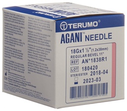 Einmalkanüle, TERUMO Agani, 18G rosa, 1.2 x 38 mm, Box à 100 Stk