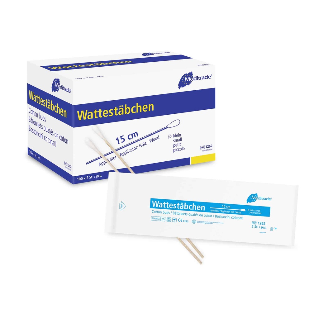 Wattestäbchen Meditrade einfach steril, 15 cm, kleiner Kopf, Karton 100 x 2 Stk.