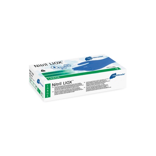 [470002N] Nitril® LIOX, guanto da esplorazione antimicrobico in nitrile, BLU, senza polvere, grande (8,0-8,5), 200 pezzi.
