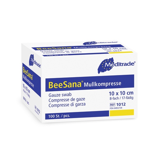 [400404N] Garza compressa BeeSana©, non sterile, 10x10 cm, 8 pieghe, EN 14079, confezione da 100 pezzi
