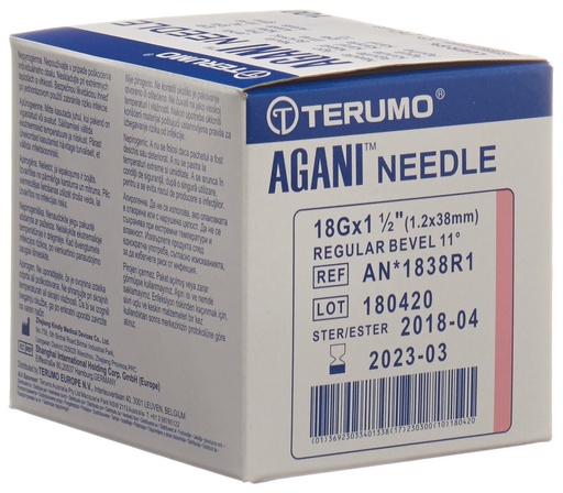 [400502N] Cannula monouso, TERUMO Agani, 18G rosa, 1,2 x 38 mm, confezione da 100 pz.