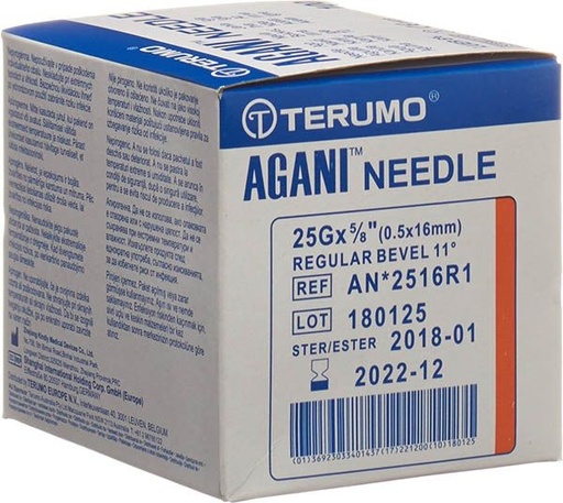 [400506N] Cannula monouso, TERUMO Agani, 25G arancione, 0,5 x 16 mm, confezione da 100 pz.