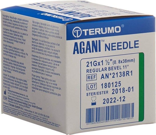 [400504N] Aiguille jetable, TERUMO Agani, 21G vert, 0.8 x 25 mm, boîte de 100 pièces