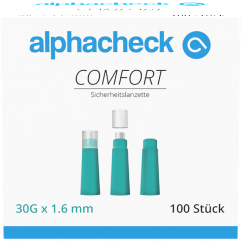 [400614N] Comfort Einweg-Sicherheitslanzetten alphacheck, autom. rückziehende Nadel, 30G, 1.6 mm, steril, 100 Stk.